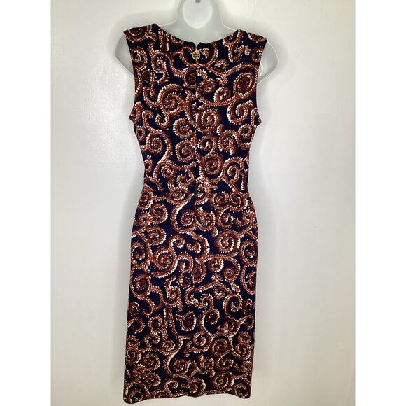 Tory Burch Rust Navy Print Silk Jersey Sleeveless Fitted Dress Zipper S - Picture 7 of 7